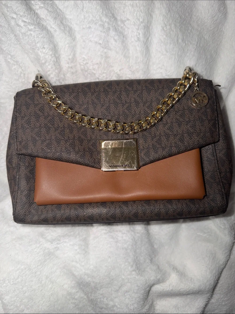 Michael Kors Brown Monogram Shoulder Bag with Tan Front Accent and Gold Chain